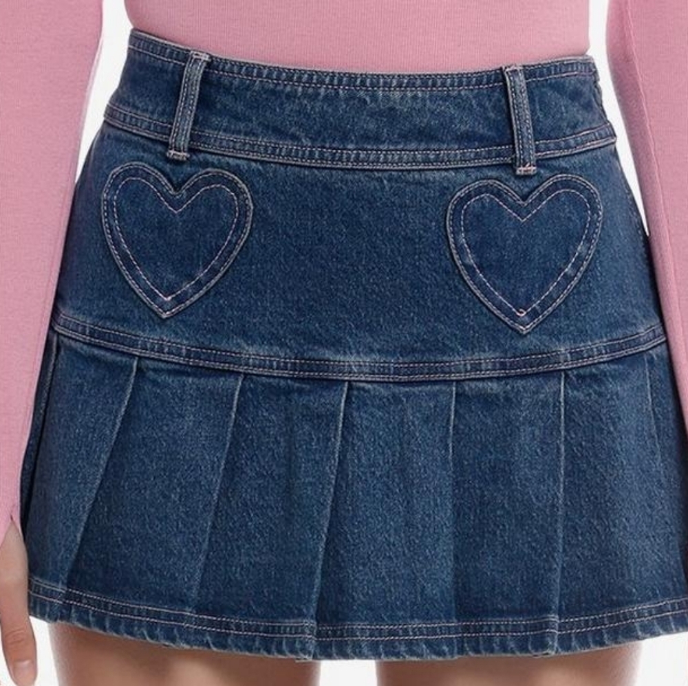 Sweet Society Heart Patch Pleated Denim Skirt-Junior Size-XS